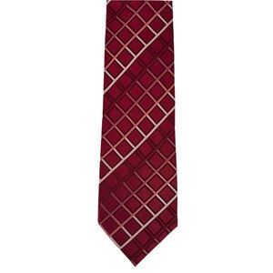 BCBG Attitude Silk Tie XL Red Burgundy Geometric Grid Hand Sewn Bold 63"x3.5"